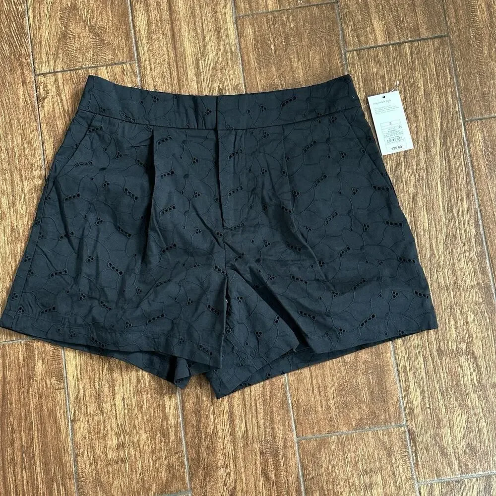 A New Day Women's High-Rise Pleated Eyelet‎ Cotton Short Black Size 8 Cottage